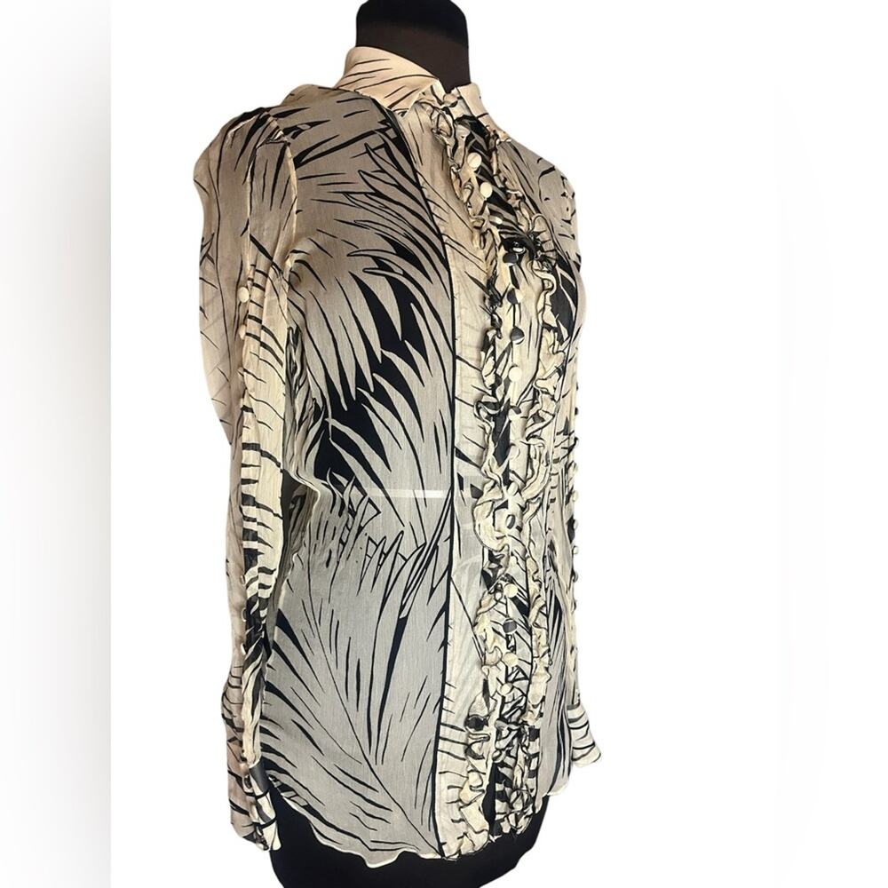 Y2K Chloe Sheer Animal Print Silk Ruffled Whimsigoth Button Top Women 6 Romantic